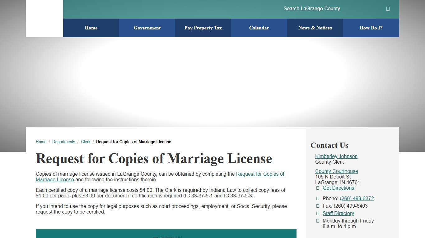 Request for Copies of Marriage License / LaGrange County, Indiana